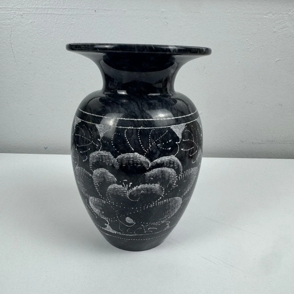 Black Stone Floral Etched Flower Vase Jar Small Decorative Modern Contemporary